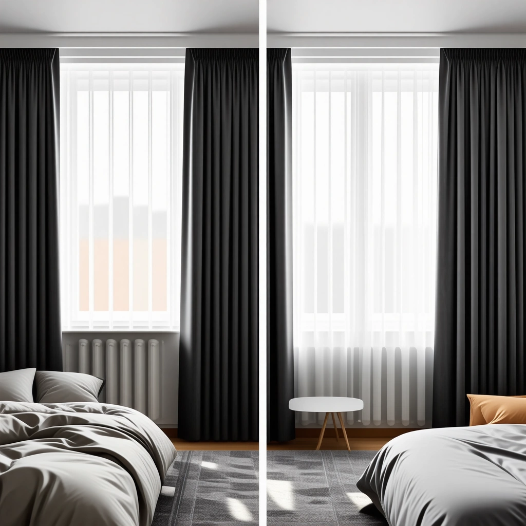 Comparaison avant après dans une chambre avec rideaux phoniques, montrant la réduction des nuisances sonores et l’amélioration du confort