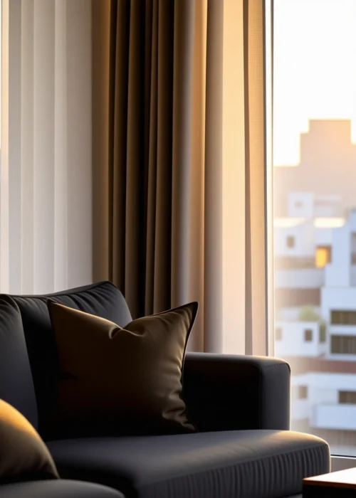Rideaux phoniques installés dans un salon moderne, réduisant les nuisances sonores extérieures tout en laissant passer la lumière naturelle